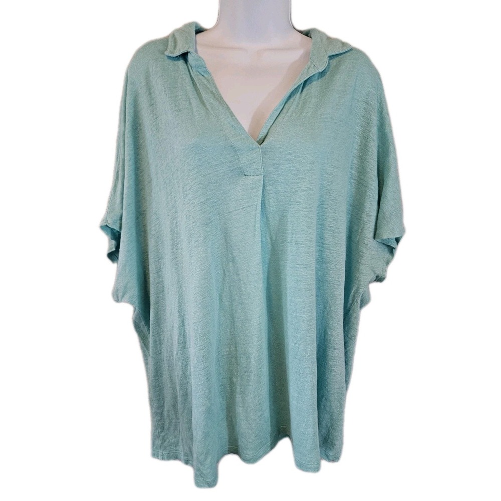 Chicos Top Womens 2XL Blue 100% Linen V-Neck Collar Dolman Sleeve Casual Coastal